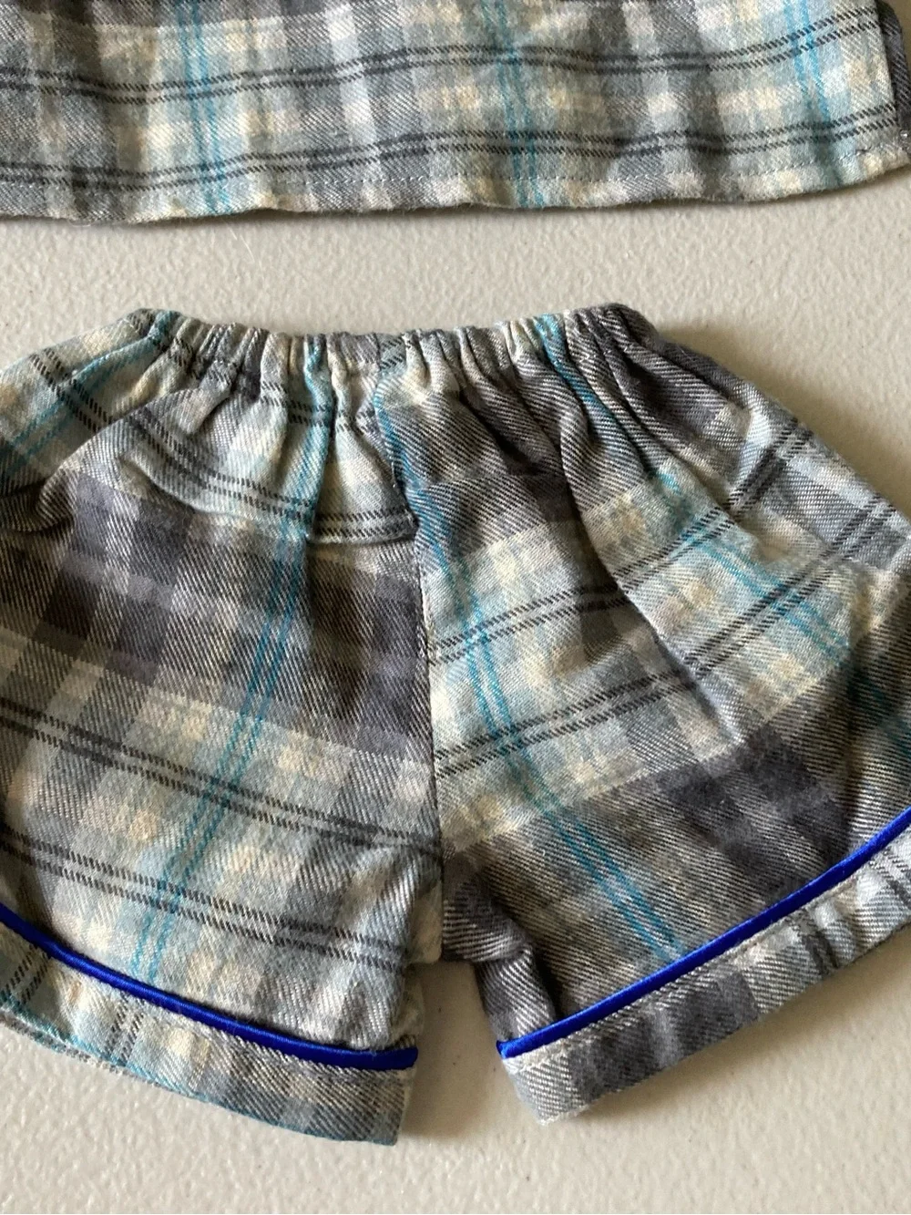 Stuff A Friend Teddy Bear Casual Plaid Shirt & Shorts Outfit Set Gray Blue